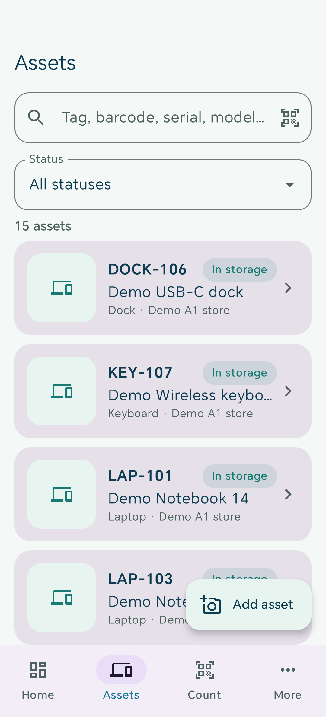 Android листа на опрема во Storage Manager со измислени ознаки, локации и статуси