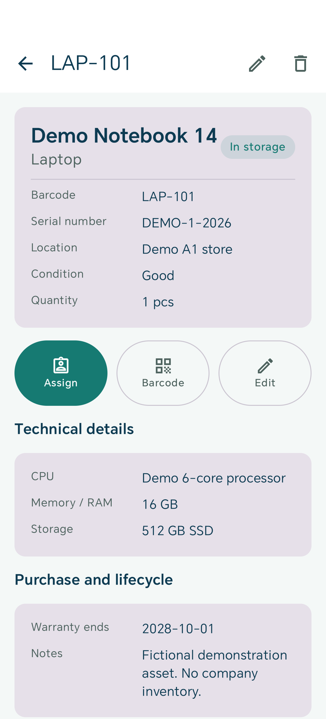 Android детали во Storage Manager за измислениот лаптоп LAP-101