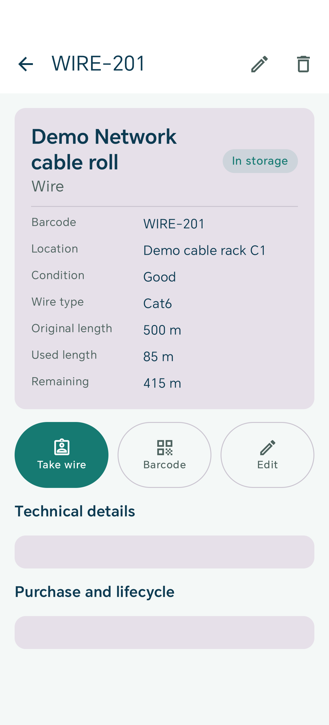 Android евиденција за ролна кабел во Storage Manager со измислени Cat6 залихи