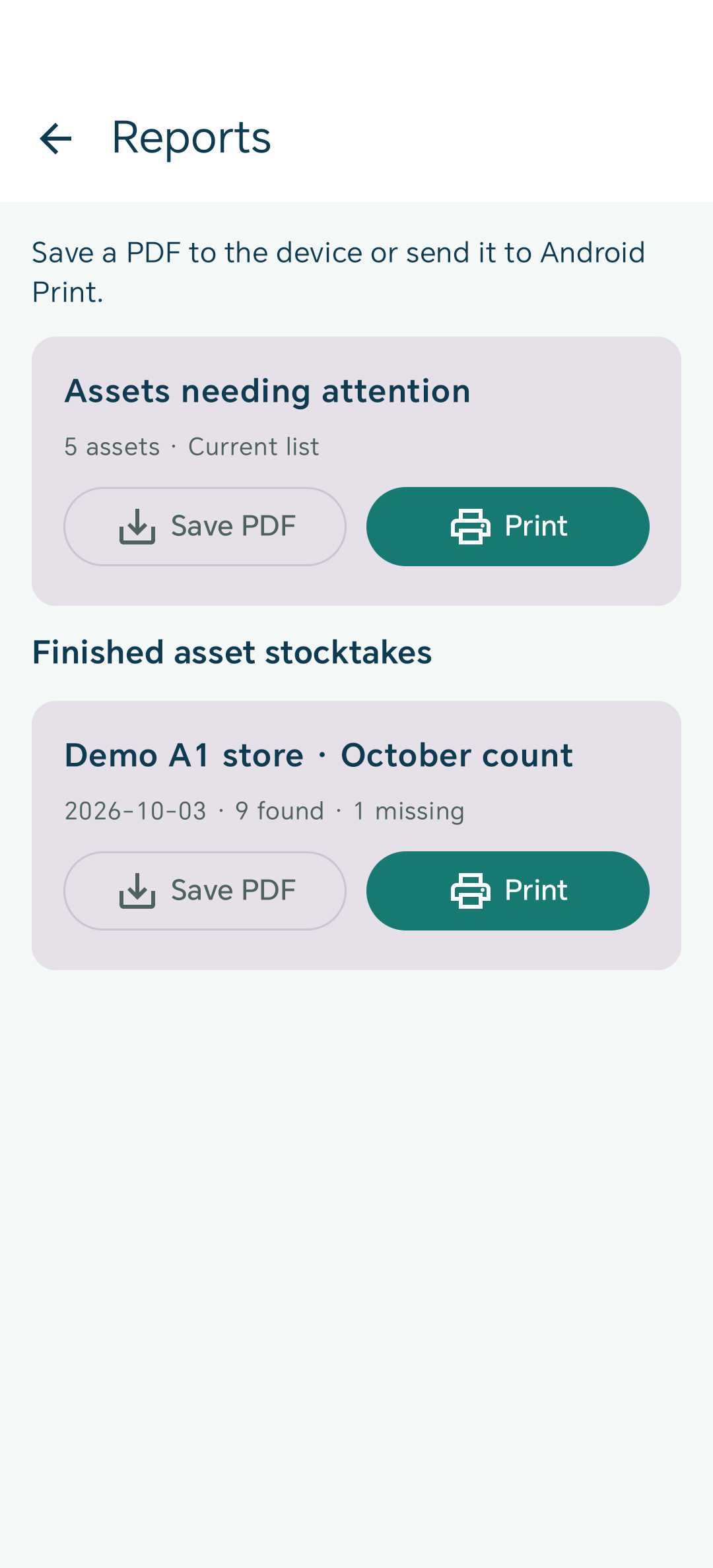 Android PDF и опции за печатење во Storage Manager за извештаи со измислен инвентар